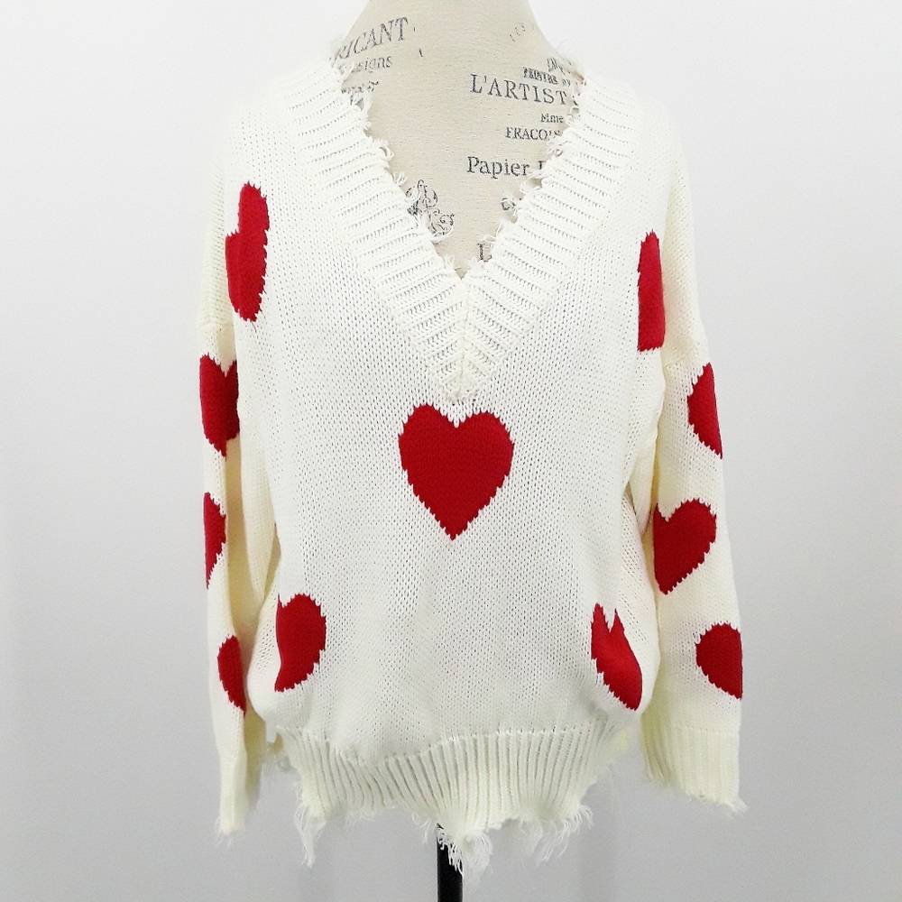 Main Strip White Sweater with Red Hearts Frayed